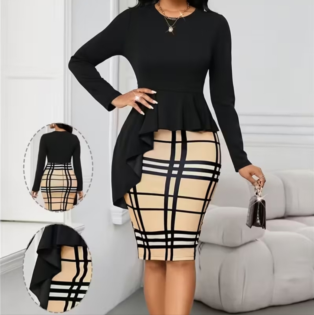 Black and Tan Plaid Pencil Skirt